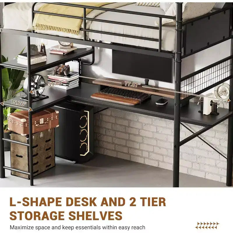 Acekool Lit mezzanine double avec bureau en L, 2 étagères ouvertes, panneau en maille, garde-corps, échelle