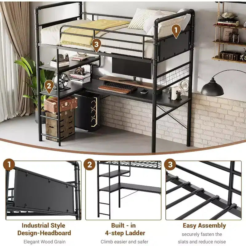 Acekool Lit mezzanine double avec bureau en L, 2 étagères ouvertes, panneau en maille, garde-corps, échelle
