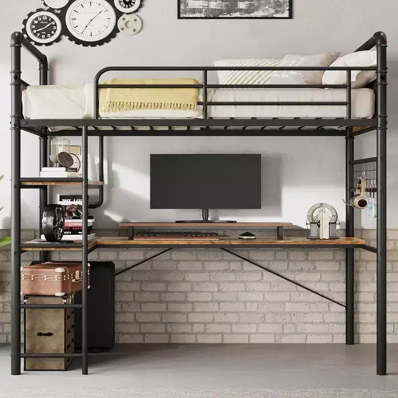 Acekool Lit mezzanine double avec bureau en L, 2 étagères ouvertes, panneau en maille, garde-corps, échelle