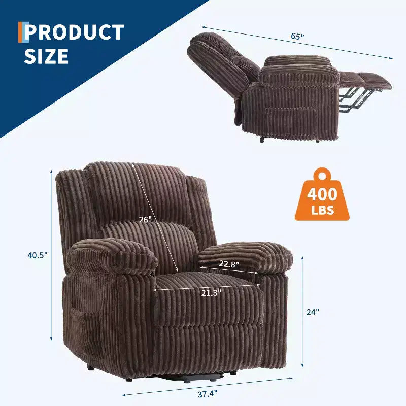 Fauteuil inclinable en velours côtelé, Canapé inclinable manuel avec poignée, accoudoirs rembourrés, rembourrage épais, poche latérale, capacité de 180 kg