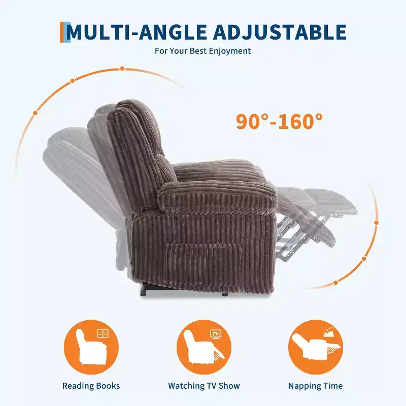 Fauteuil inclinable en velours côtelé, Canapé inclinable manuel avec poignée, accoudoirs rembourrés, rembourrage épais, poche latérale, capacité de 180 kg
