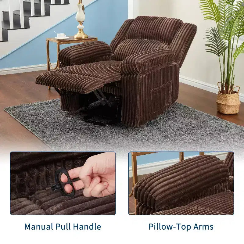 Fauteuil inclinable en velours côtelé, Canapé inclinable manuel avec poignée, accoudoirs rembourrés, rembourrage épais, poche latérale, capacité de 180 kg