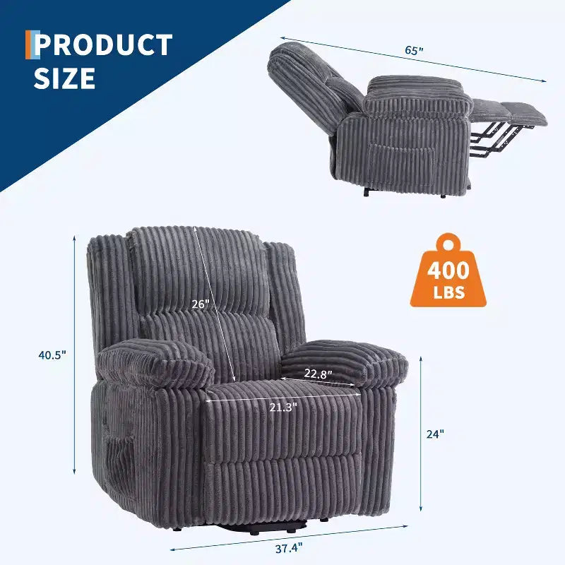 Fauteuil inclinable en velours côtelé, Canapé inclinable manuel avec poignée, accoudoirs rembourrés, rembourrage épais, poche latérale, capacité de 180 kg