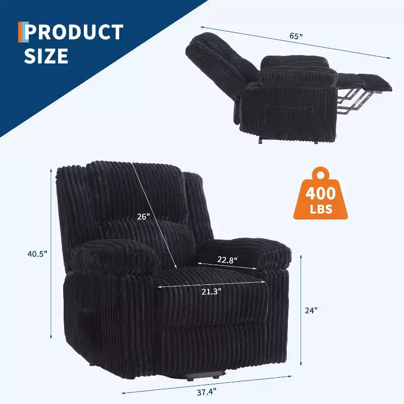 Fauteuil inclinable en velours côtelé, Canapé inclinable manuel avec poignée, accoudoirs rembourrés, rembourrage épais, poche latérale, capacité de 180 kg