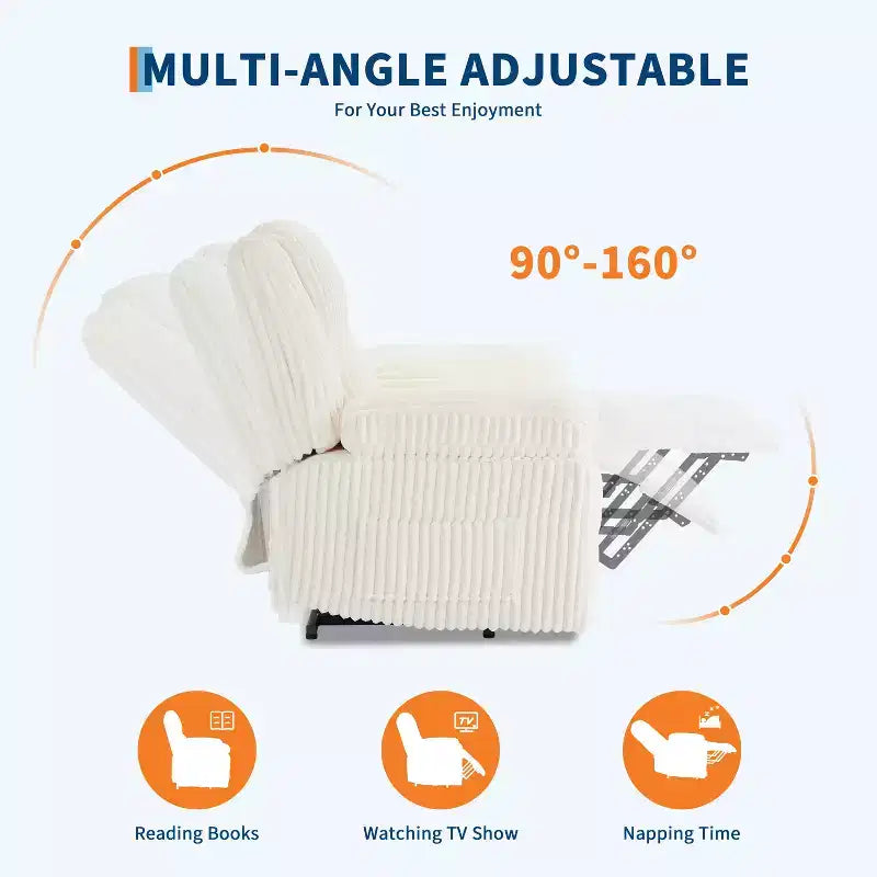 Fauteuil inclinable en velours côtelé, Canapé inclinable manuel avec poignée, accoudoirs rembourrés, rembourrage épais, poche latérale, capacité de 180 kg