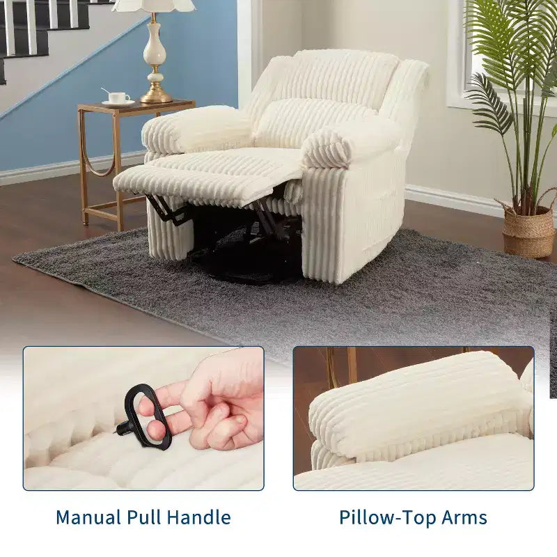 Fauteuil inclinable en velours côtelé, Canapé inclinable manuel avec poignée, accoudoirs rembourrés, rembourrage épais, poche latérale, capacité de 180 kg