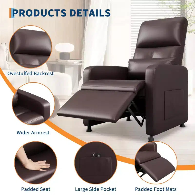 Fauteuil inclinable releveur électrique, Canapé individuel en cuir PU surdimensionné avec haut dossier et 2 poches latérales, Siège de cinéma maison réglable pour salon