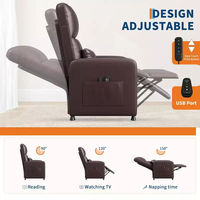 Fauteuil inclinable releveur électrique, Canapé individuel en cuir PU surdimensionné avec haut dossier et 2 poches latérales, Siège de cinéma maison réglable pour salon