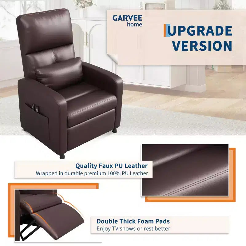 Fauteuil inclinable releveur électrique, Canapé individuel en cuir PU surdimensionné avec haut dossier et 2 poches latérales, Siège de cinéma maison réglable pour salon