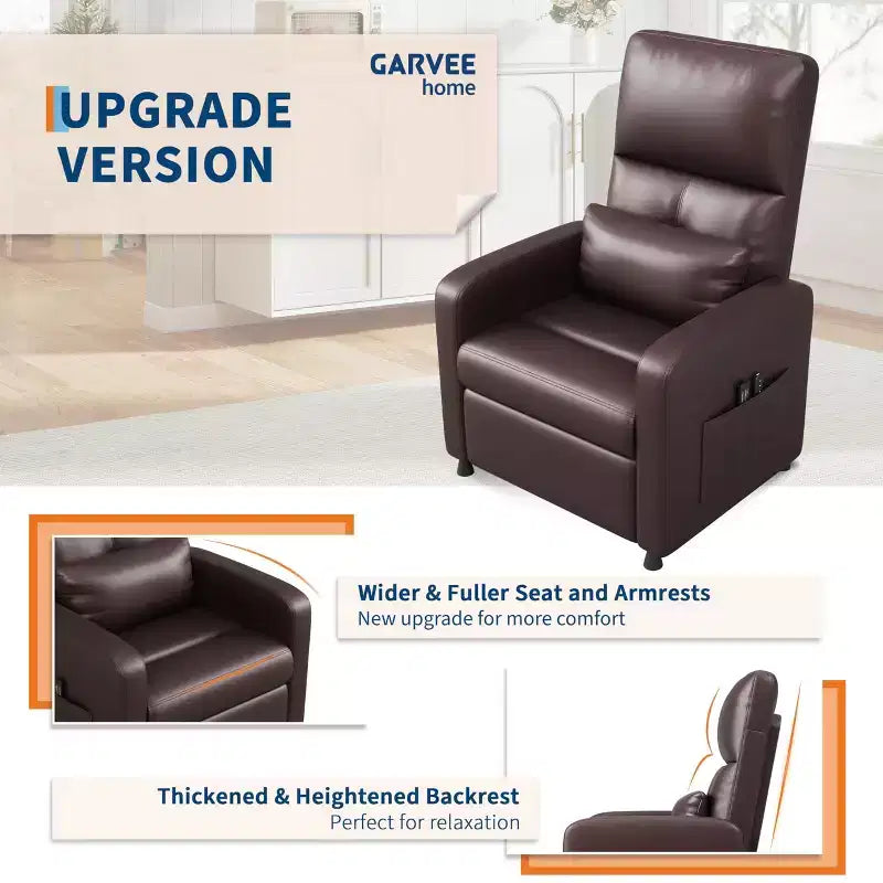 Fauteuil inclinable releveur électrique, Canapé individuel en cuir PU surdimensionné avec haut dossier et 2 poches latérales, Siège de cinéma maison réglable pour salon