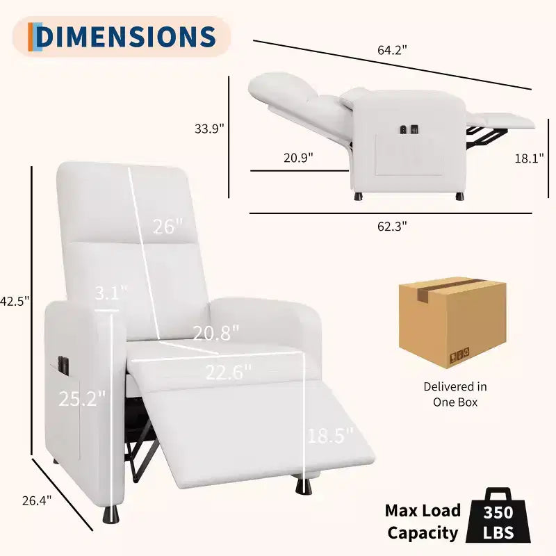 Fauteuil inclinable releveur électrique, Canapé individuel en cuir PU surdimensionné avec haut dossier et 2 poches latérales, Siège de cinéma maison réglable pour salon