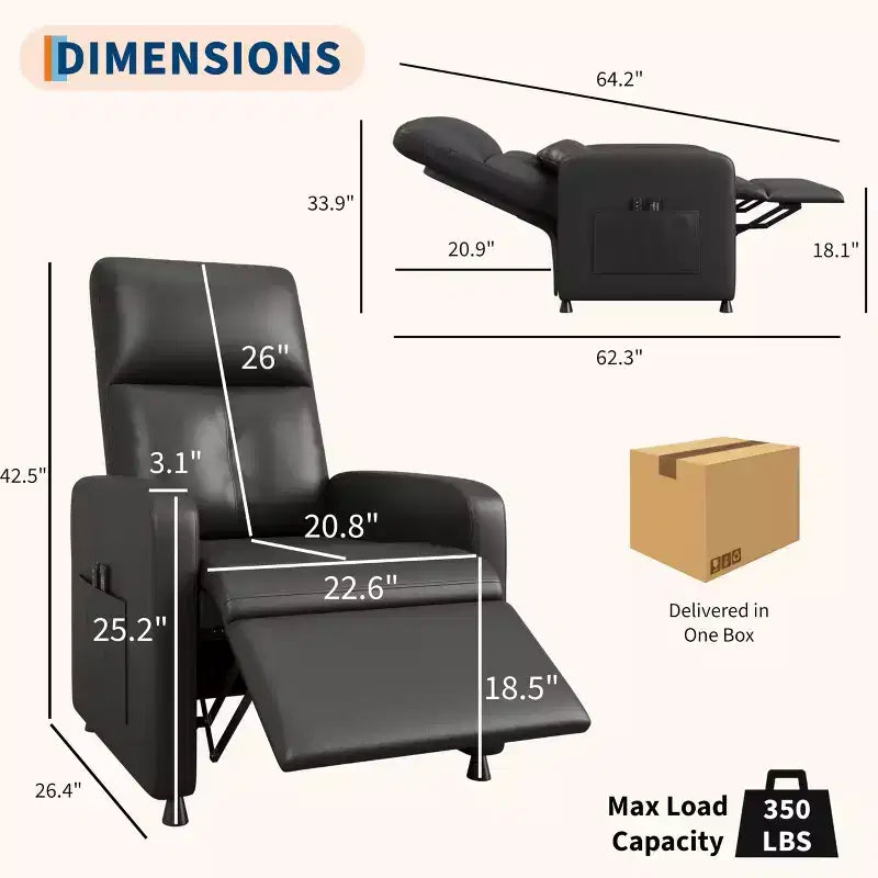 Fauteuil inclinable releveur électrique, Canapé individuel en cuir PU surdimensionné avec haut dossier et 2 poches latérales, Siège de cinéma maison réglable pour salon