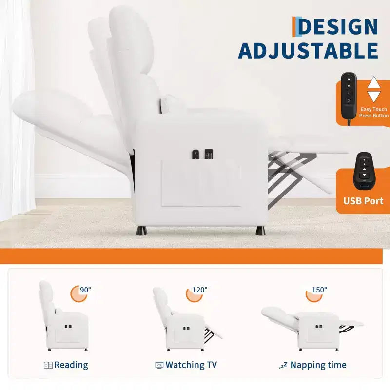 Fauteuil inclinable releveur électrique, Canapé individuel en cuir PU surdimensionné avec haut dossier et 2 poches latérales, Siège de cinéma maison réglable pour salon