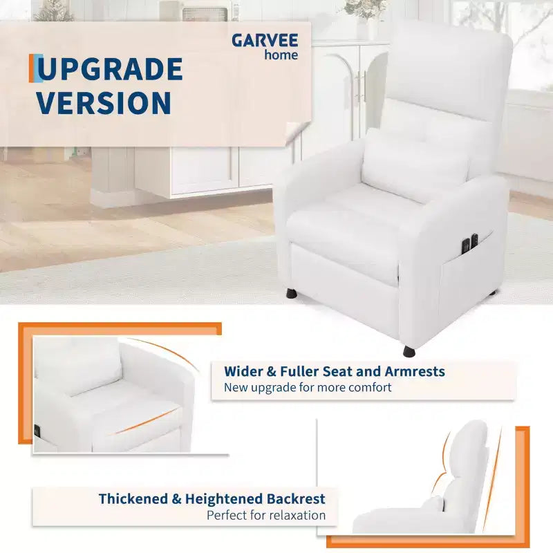 Fauteuil inclinable releveur électrique, Canapé individuel en cuir PU surdimensionné avec haut dossier et 2 poches latérales, Siège de cinéma maison réglable pour salon