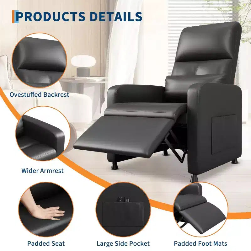 Fauteuil inclinable releveur électrique, Canapé individuel en cuir PU surdimensionné avec haut dossier et 2 poches latérales, Siège de cinéma maison réglable pour salon