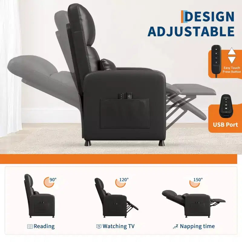 Fauteuil inclinable releveur électrique, Canapé individuel en cuir PU surdimensionné avec haut dossier et 2 poches latérales, Siège de cinéma maison réglable pour salon