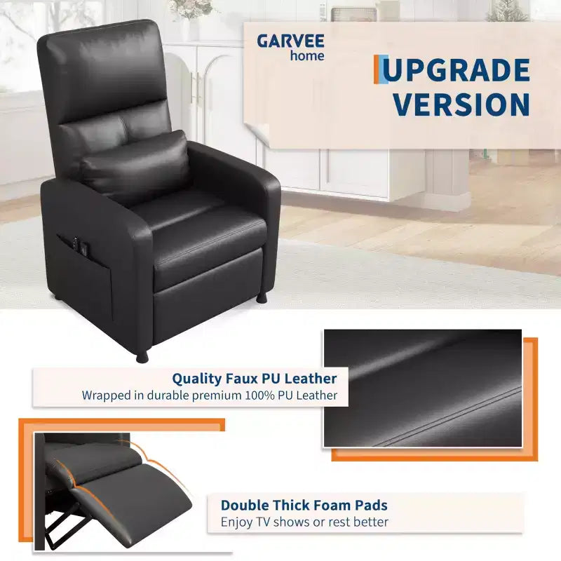 Fauteuil inclinable releveur électrique, Canapé individuel en cuir PU surdimensionné avec haut dossier et 2 poches latérales, Siège de cinéma maison réglable pour salon