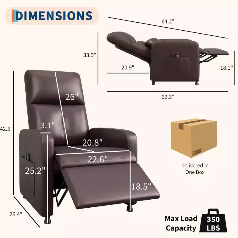 Fauteuil inclinable releveur électrique, Canapé individuel en cuir PU surdimensionné avec haut dossier et 2 poches latérales, Siège de cinéma maison réglable pour salon