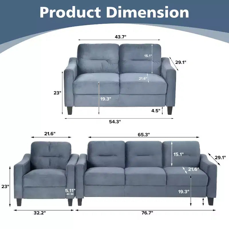 Canapés modulaires modernes en velours, 3 sections, canapé 3 places, causeuse et fauteuil simple avec cadre en bois massif pour salon, appartement, gris