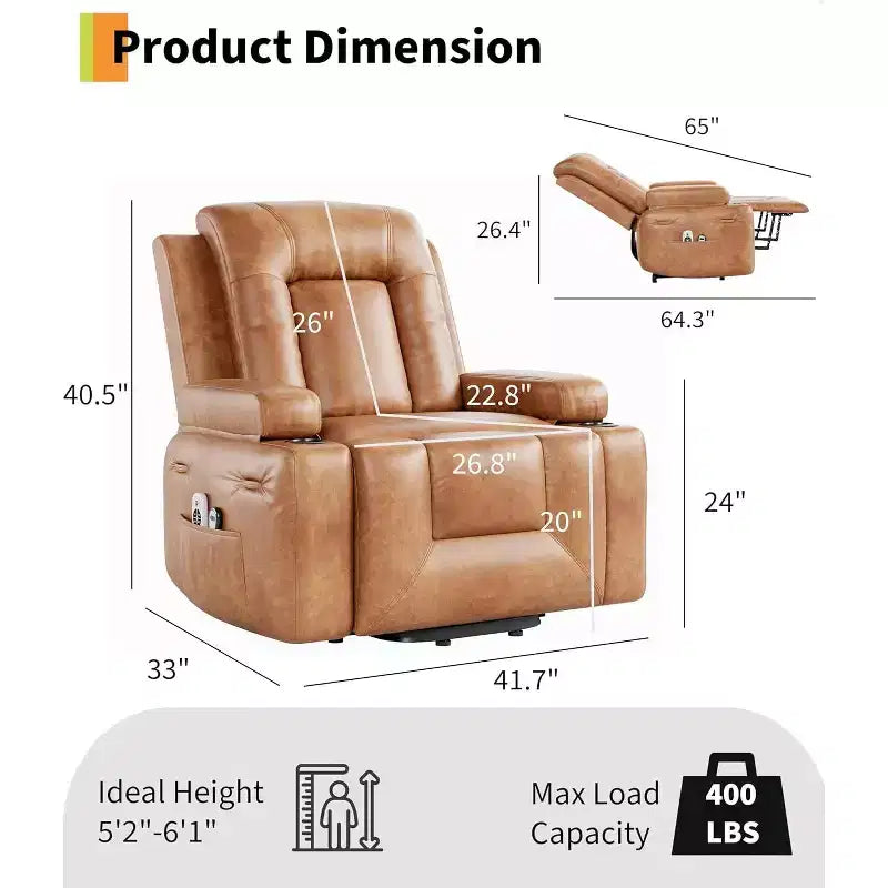 Fauteuil inclinable électrique surdimensionné avec fonction de levage - Chauffant et massant, en cuir PU, pour personnes âgées et à mobilité réduite