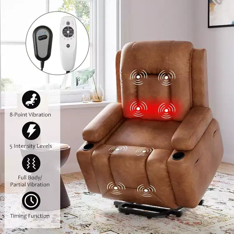 Fauteuil inclinable électrique surdimensionné avec fonction de levage - Chauffant et massant, en cuir PU, pour personnes âgées et à mobilité réduite