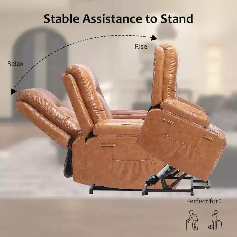 Fauteuil inclinable électrique surdimensionné avec fonction de levage - Chauffant et massant, en cuir PU, pour personnes âgées et à mobilité réduite