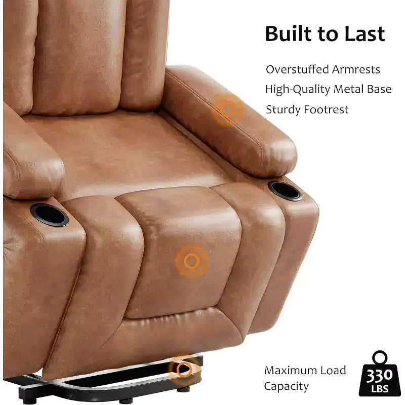Fauteuil inclinable électrique surdimensionné avec fonction de levage - Chauffant et massant, en cuir PU, pour personnes âgées et à mobilité réduite