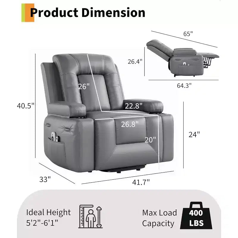 Fauteuil inclinable électrique surdimensionné avec fonction de levage - Chauffant et massant, en cuir PU, pour personnes âgées et à mobilité réduite