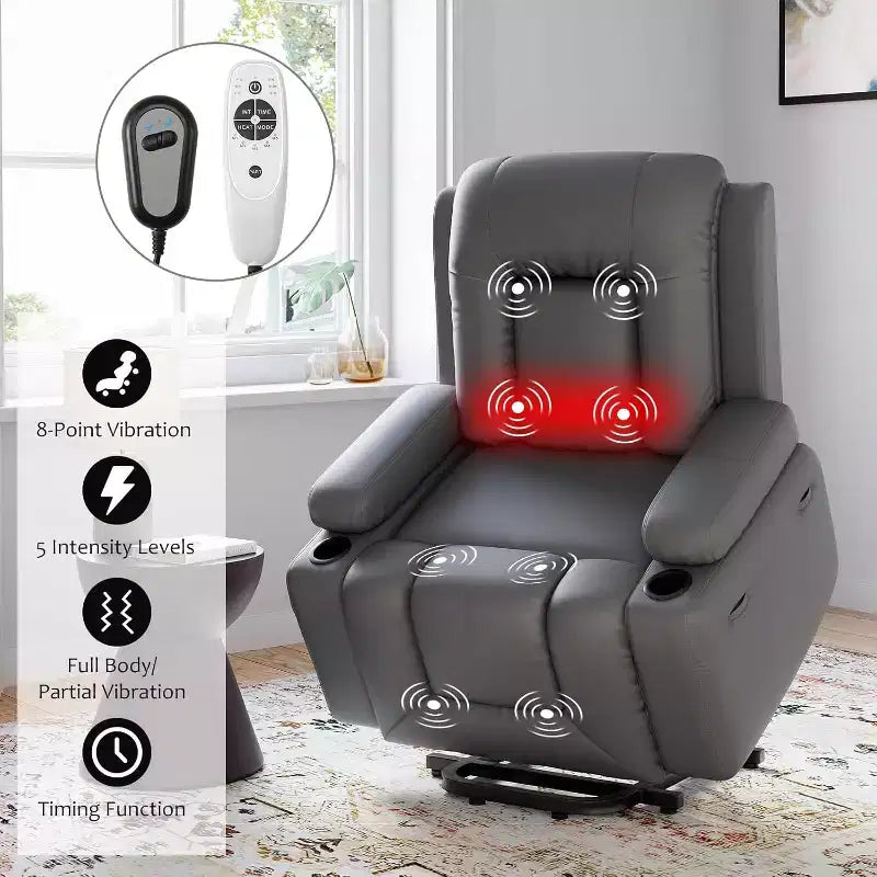 Fauteuil inclinable électrique surdimensionné avec fonction de levage - Chauffant et massant, en cuir PU, pour personnes âgées et à mobilité réduite