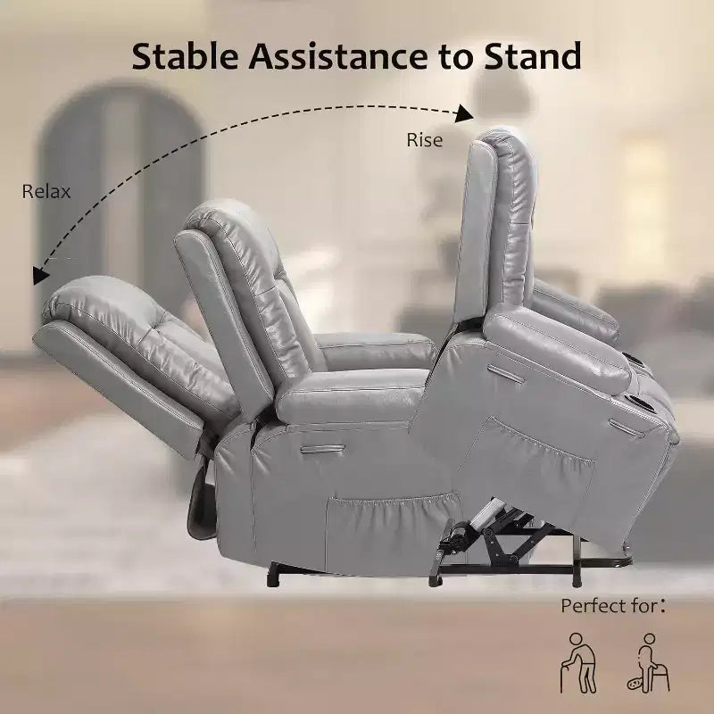 Fauteuil inclinable électrique surdimensionné avec fonction de levage - Chauffant et massant, en cuir PU, pour personnes âgées et à mobilité réduite