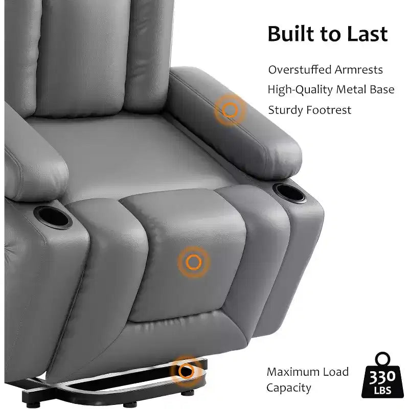 Fauteuil inclinable électrique surdimensionné avec fonction de levage - Chauffant et massant, en cuir PU, pour personnes âgées et à mobilité réduite
