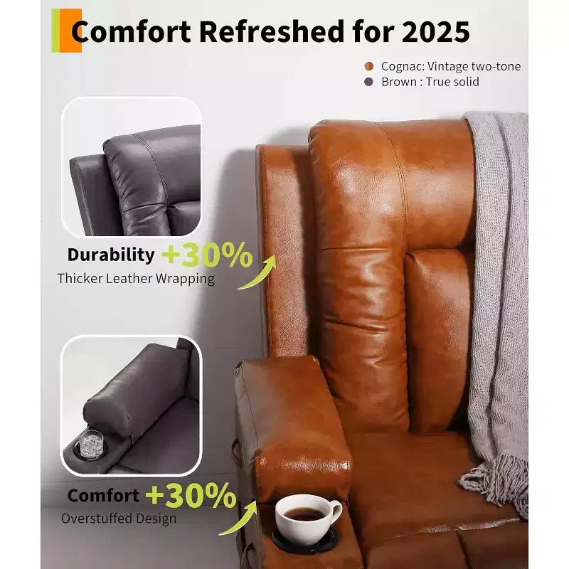Fauteuil inclinable électrique surdimensionné avec fonction de levage - Chauffant et massant, en cuir PU, pour personnes âgées et à mobilité réduite