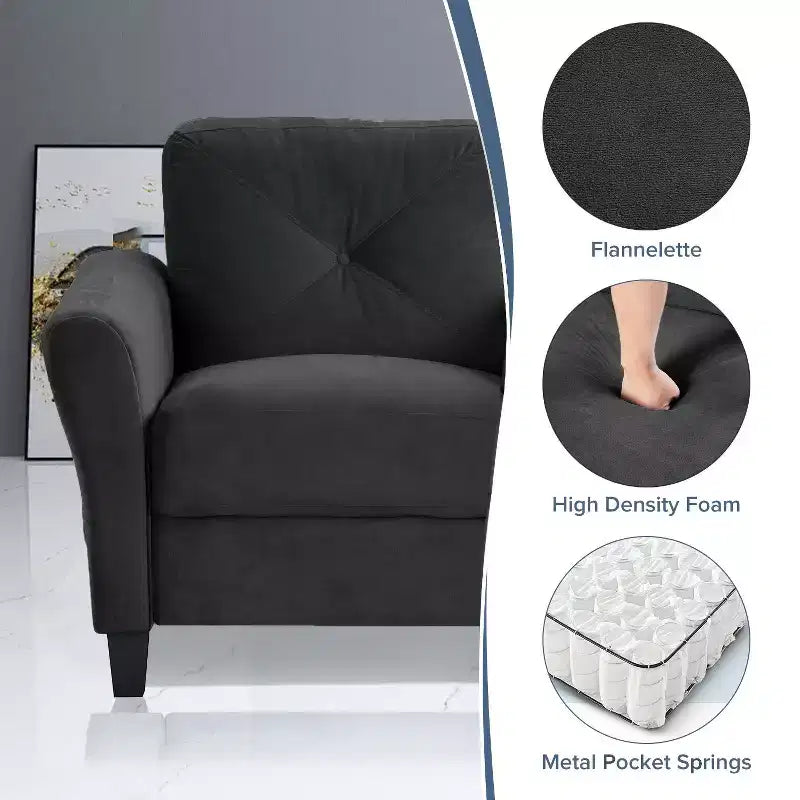 Canapé deux places en velours avec dossier capitonné et accoudoirs incurvés, confortable et moderne, pour salon, chambre ou bureau, noir