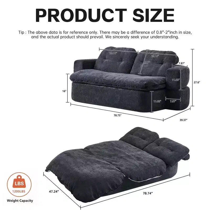 Canapé futon de sol convertible moderne en tissu chenille pour salon et chambre à coucher, chaise longue convertible avec dossier confortable et oreillers