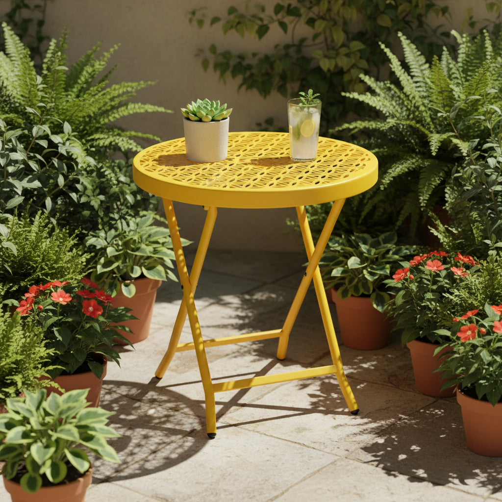 VINGLI Patio Folding Side Table, Small Outdoor Table with Everlasting Floral Pattern and Sturdy X-Shaped Metal Frame Ideal,Yellow, 1 Pack