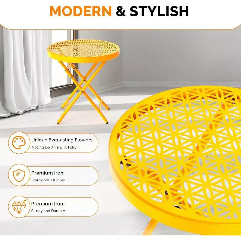 Table d'appoint pliante de patio, petite table d'extérieur avec motif floral intemporel et cadre métallique robuste en forme de X, idéale, jaune, 1 pièce