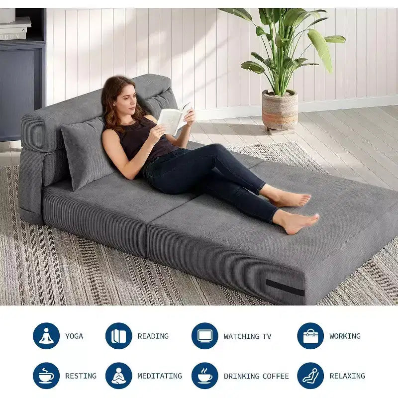 Canapé-lit pliant et fauteuil convertible 4-en-1, Causeuse dépliable de 203 cm avec oreiller, Canapé de sol capitonné pour Salon, Chambre, Chambre d'amis