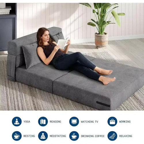 Canapé-lit pliant et fauteuil convertible 4-en-1, Causeuse dépliable de 203 cm avec oreiller, Canapé de sol capitonné pour Salon, Chambre, Chambre d'amis