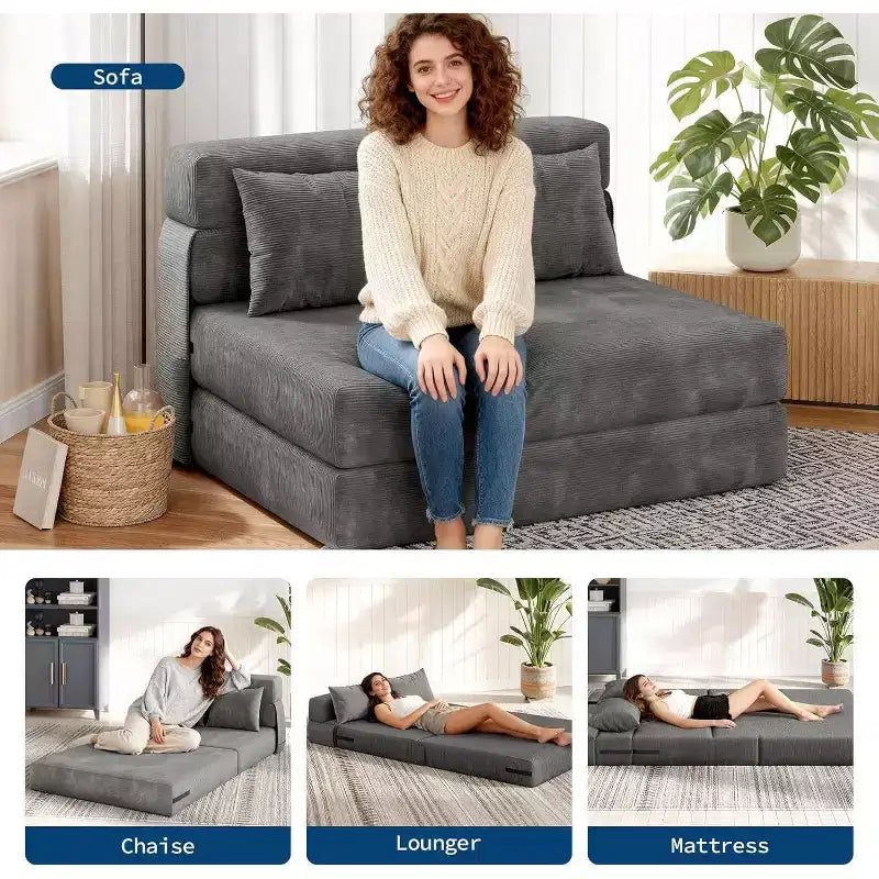 Canapé-lit pliant et fauteuil convertible 4-en-1, Causeuse dépliable de 203 cm avec oreiller, Canapé de sol capitonné pour Salon, Chambre, Chambre d'amis