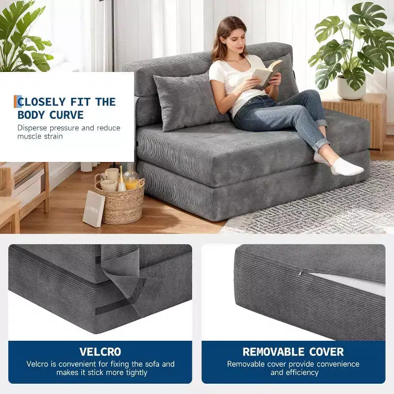 Canapé-lit pliant et fauteuil convertible 4-en-1, Causeuse dépliable de 203 cm avec oreiller, Canapé de sol capitonné pour Salon, Chambre, Chambre d'amis