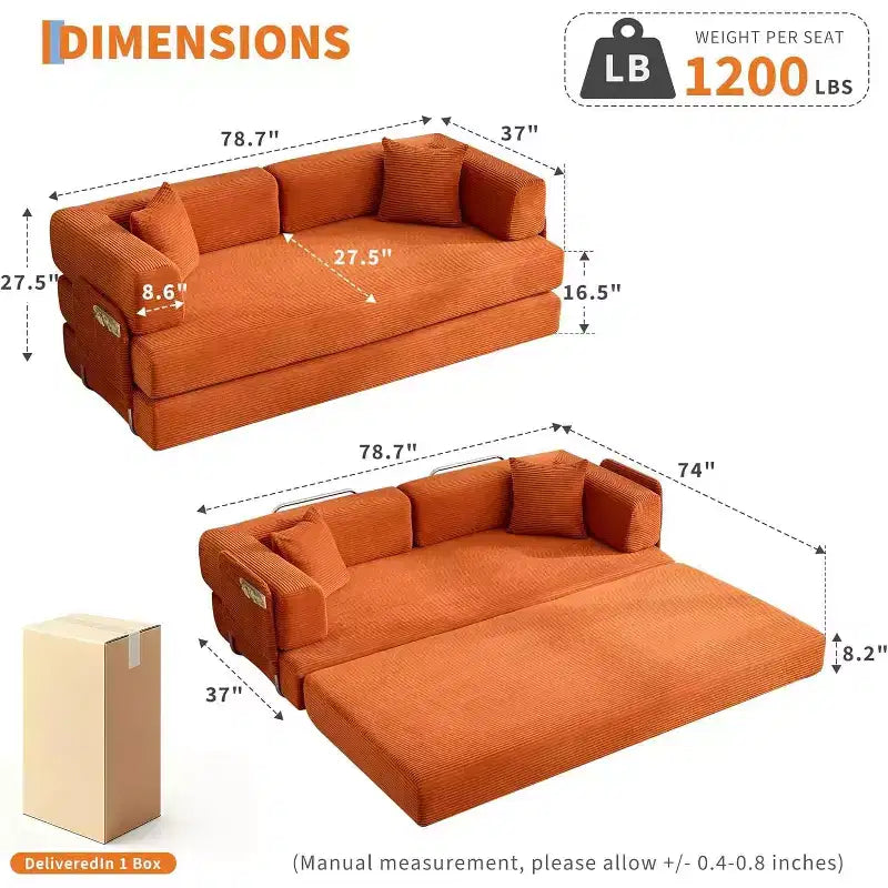 78 Canapé-lit convertible, canapé-lit pliable en velours côtelé, fauteuil pliant surdimensionné, sans assemblage, canapé-lit modulable