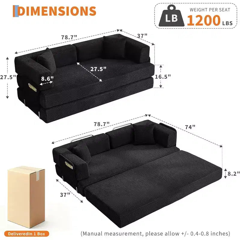 78 Canapé-lit convertible, canapé-lit pliable en velours côtelé, fauteuil pliant surdimensionné, sans assemblage, canapé-lit modulable