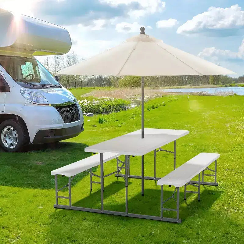 Table et banc de pique-nique pliants, mobilier de repas d'extérieur portable pour le camping, le patio, le jardin, avec cadre en métal (blanc)