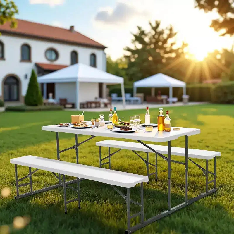 Table et banc de pique-nique pliants, mobilier de repas d'extérieur portable pour le camping, le patio, le jardin, avec cadre en métal (blanc)