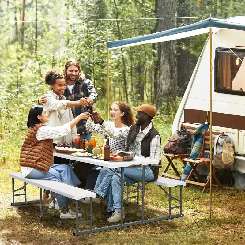Table et banc de pique-nique pliants, mobilier de repas d'extérieur portable pour le camping, le patio, le jardin, avec cadre en métal (blanc)