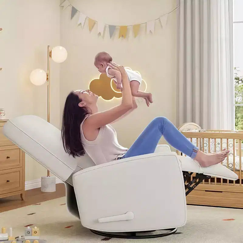 Fauteuil inclinable moderne GustoWave, fauteuil à bascule et pivotant manuel à 360° en tissu de lin beige pour salon et nurserie pour adultes