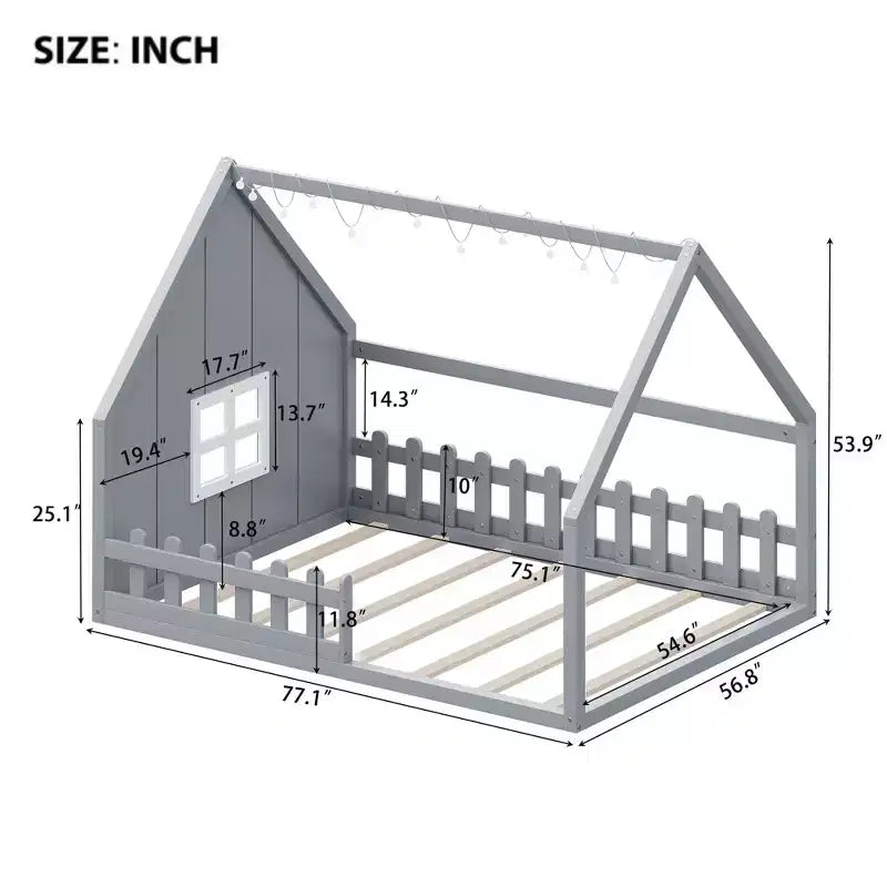 Cadre de lit double avec tête de lit de rangement, lit plateforme en bois massif avec fenêtre et clôture pour chambre à coucher, gris