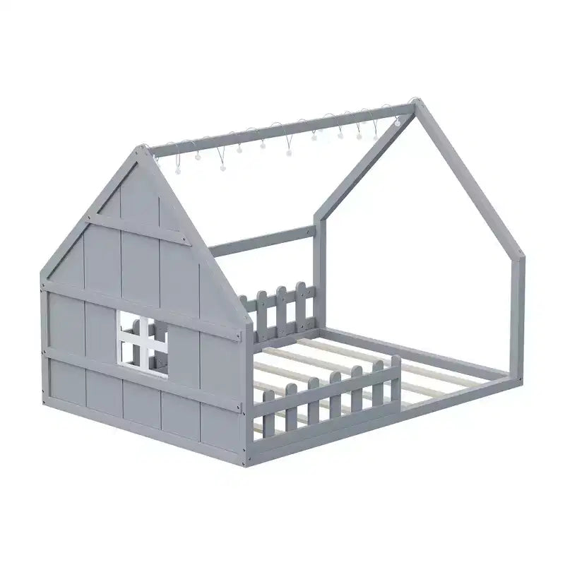 Cadre de lit double avec tête de lit de rangement, lit plateforme en bois massif avec fenêtre et clôture pour chambre à coucher, gris