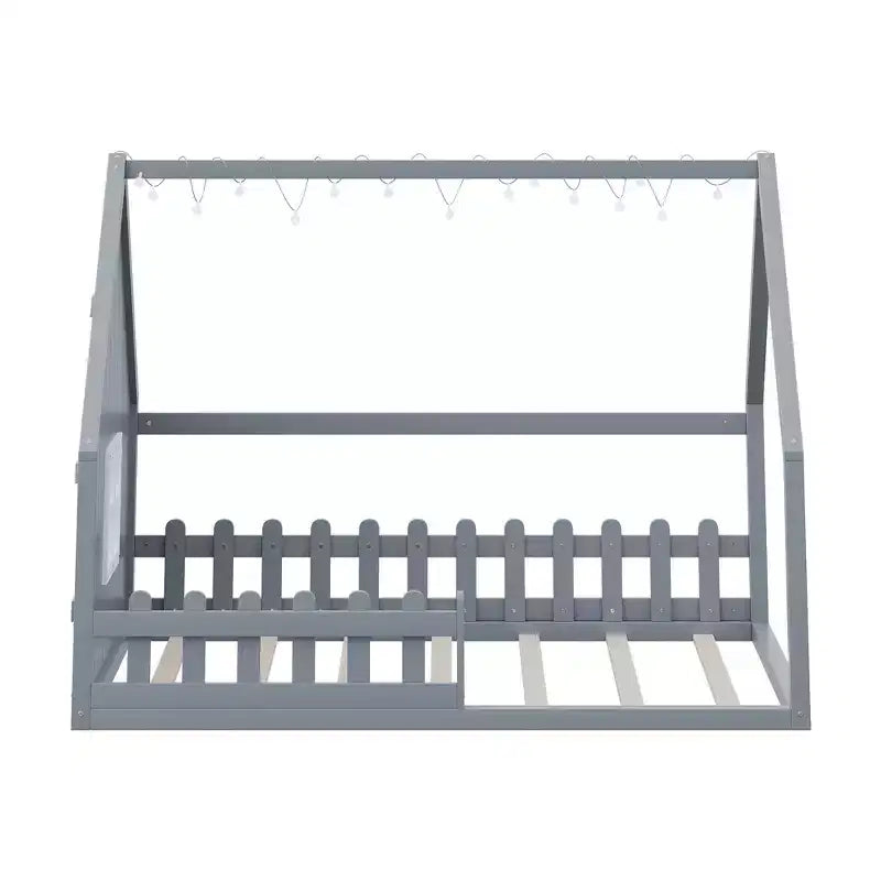 Cadre de lit double avec tête de lit de rangement, lit plateforme en bois massif avec fenêtre et clôture pour chambre à coucher, gris