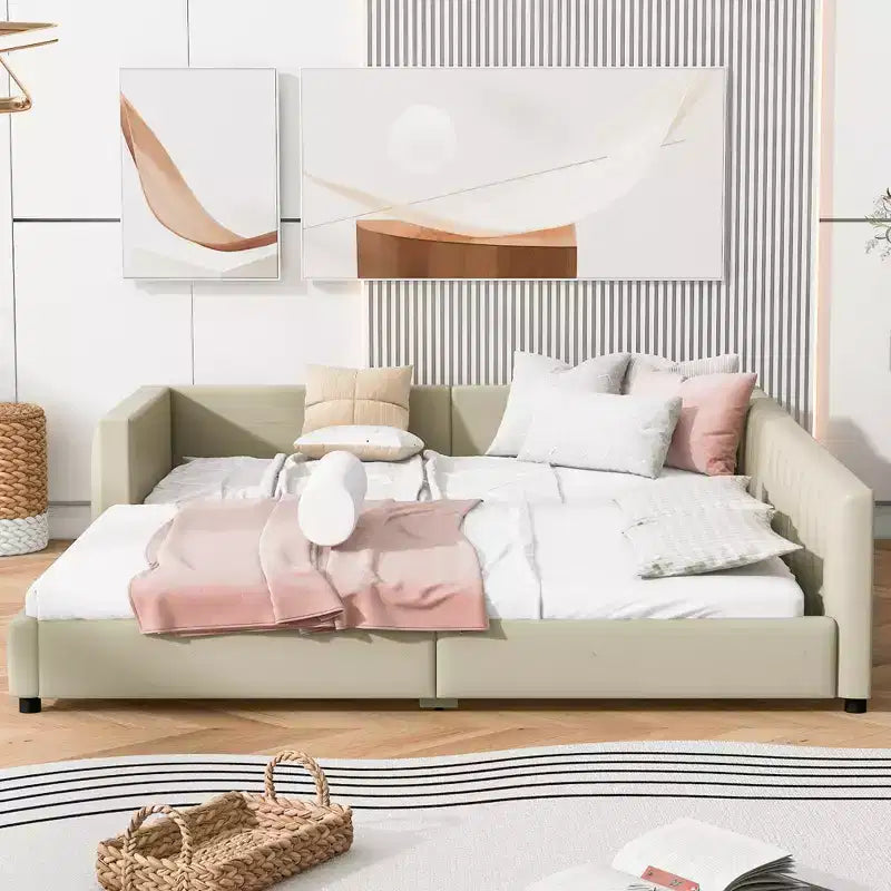 Lit gigogne en bois pour mère et enfant, tailles Queen et Twin XL, capitonné en cuir PU, plateforme au sol